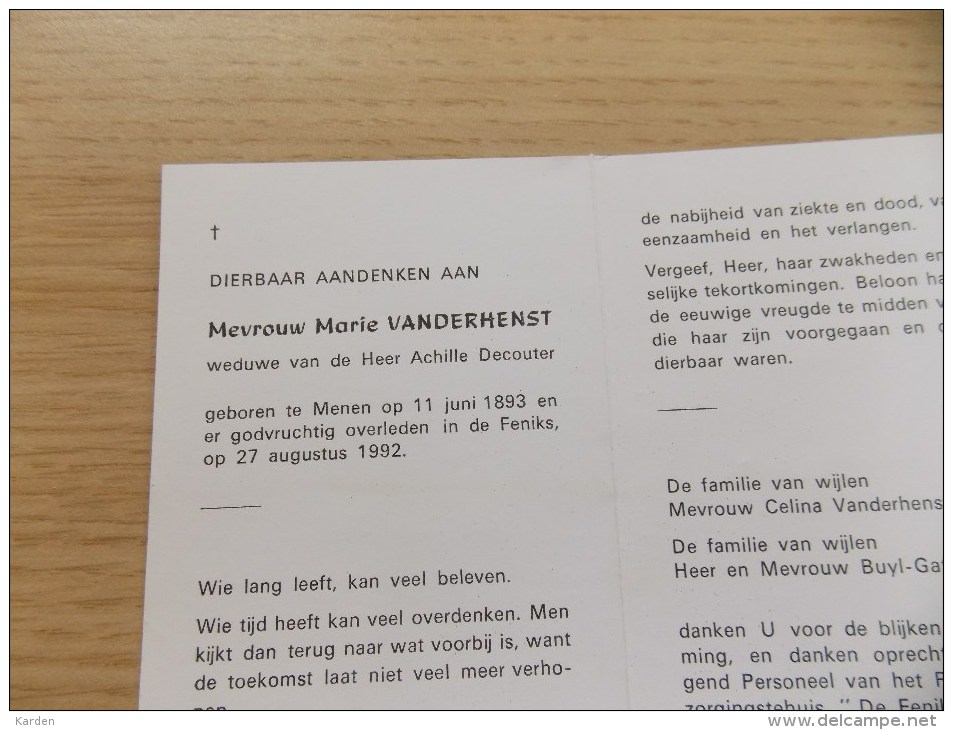 Doodsprentje Marie Vanderhenst Menen 11/6/1893 Feniks 27/8/1992 ( Achille Decouter ) - Religione & Esoterismo