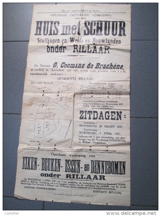 RILLAAR-AFFICHE-1957-VERKOOP-HUIS MET SCHUUR-SEMPELS-VRANCKENBOS-NOTARIS-COOMANS-AFMETING:55 OP 105CM-4 SCANS-UNIEK STUK - Aarschot