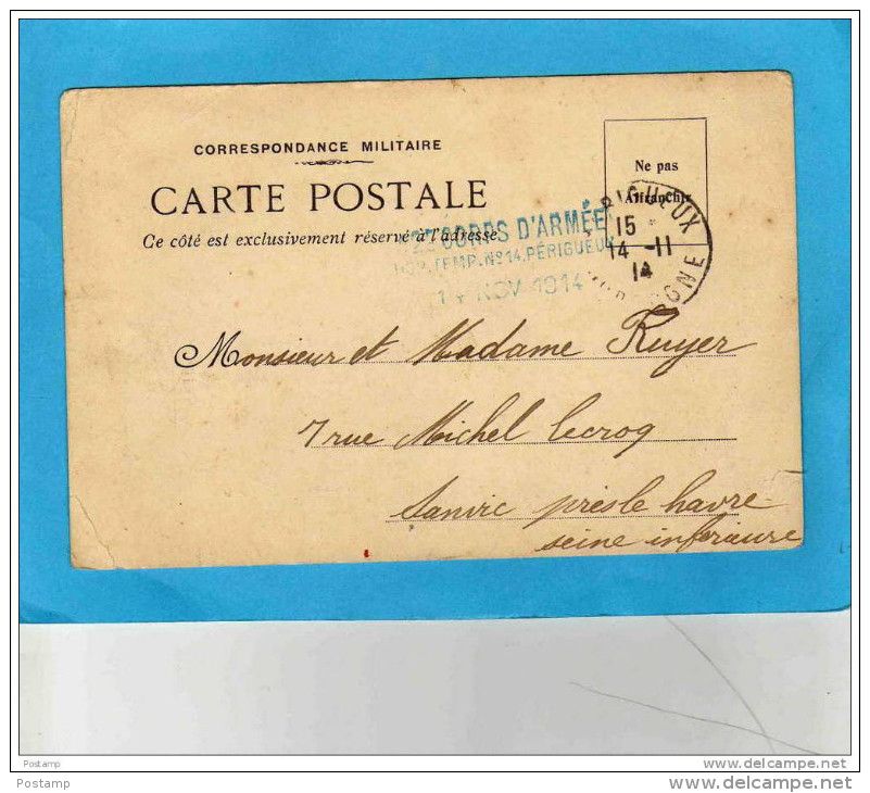 Service Santé-cachet Hopital Temporaire N°14-PERIGUEUX  -sur Carte-FM 14 Nov 1914 - Guerre De 1914-18