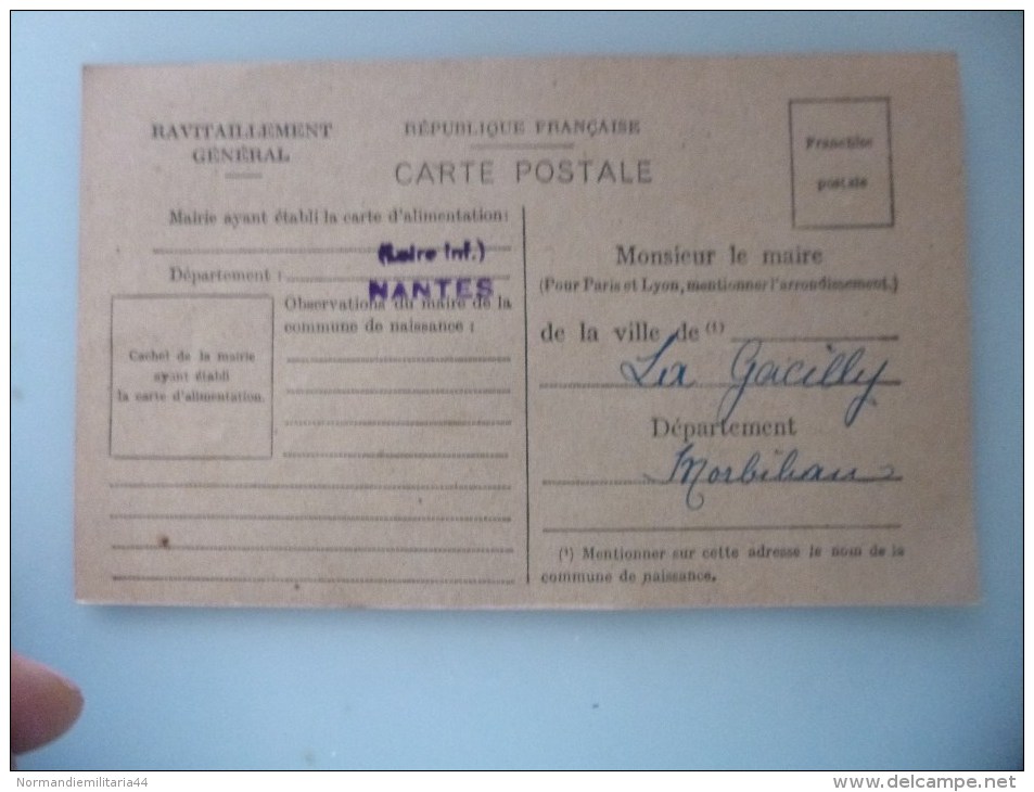 Carte De Ravitaillement Generale Pour Timbre N 15a (sans Timbre) La Gacilly Morbihan - Lettres & Documents