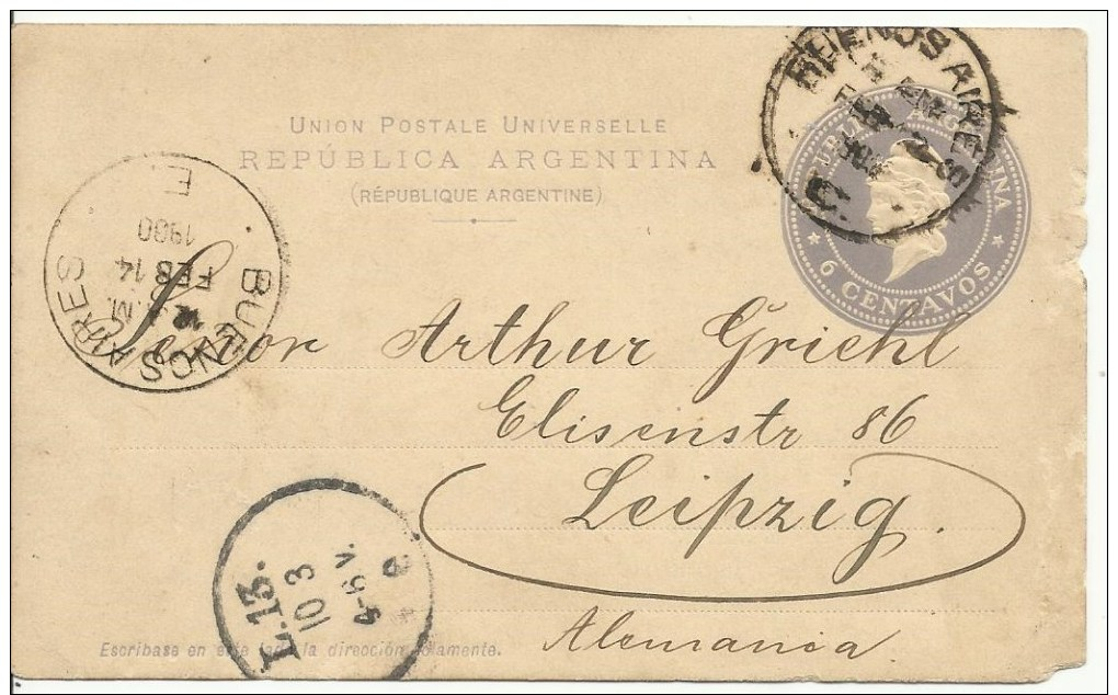 ARGENTINA  1900 Prestamped Postcard 6 Centavos Sent From Buenos Aires To Leipzig, Germany - Postal Stationery
