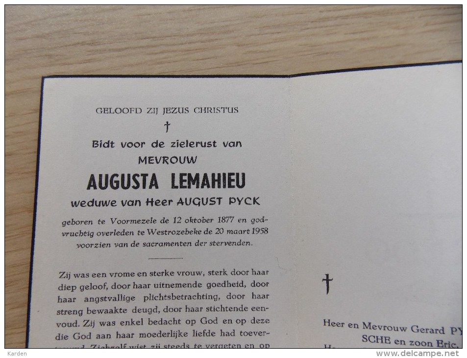 Doodsprentje Augusta Lemahieu Voormezele 12/10/1877 Westrozebeke 20/3/1958 ( August Pyck ) - Religion & Esotérisme