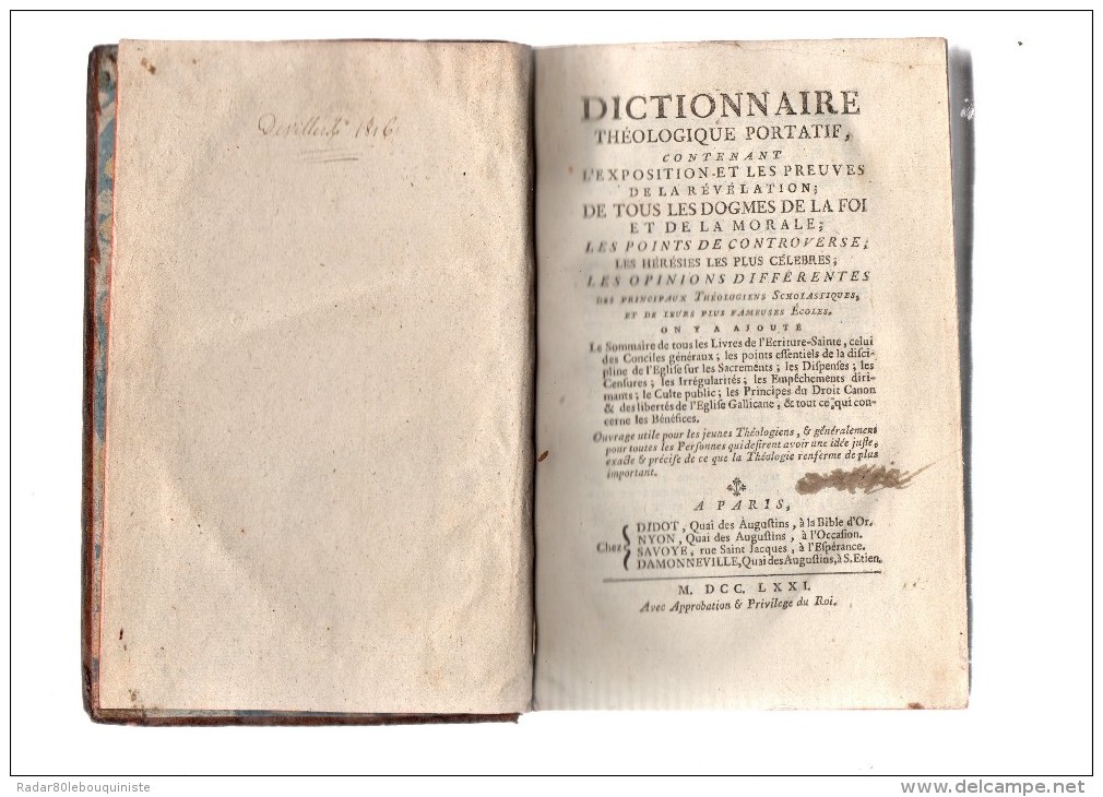 Dictionnaire Théologique Portatif,contenant L'exposition Et Les Preuves De La Révélation Etc..VIII-677 Pages.1771. - 1701-1800