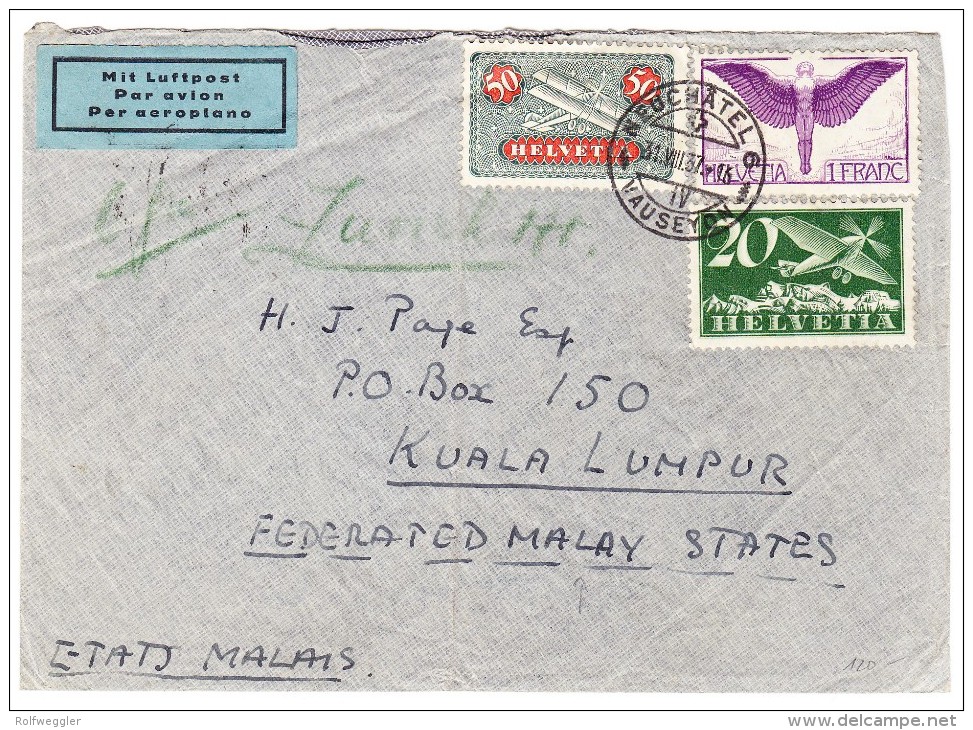 Luftpost Brief 31.VIII.1937 Neuchatel Nach Kuala Lumpur Malaysia - Autres & Non Classés