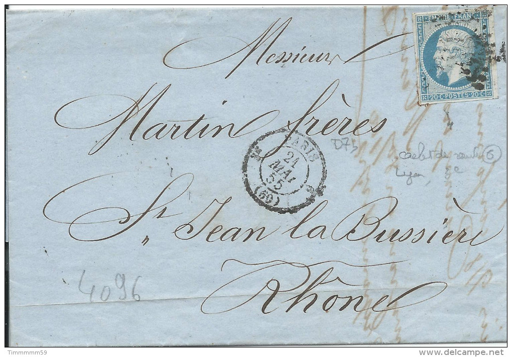 LT4096   N°14A/lettre De PARIS Pour ST JEAN-LA-BUSSIERE Du 21 Mai 1855 - 1853-1860 Napoleon III