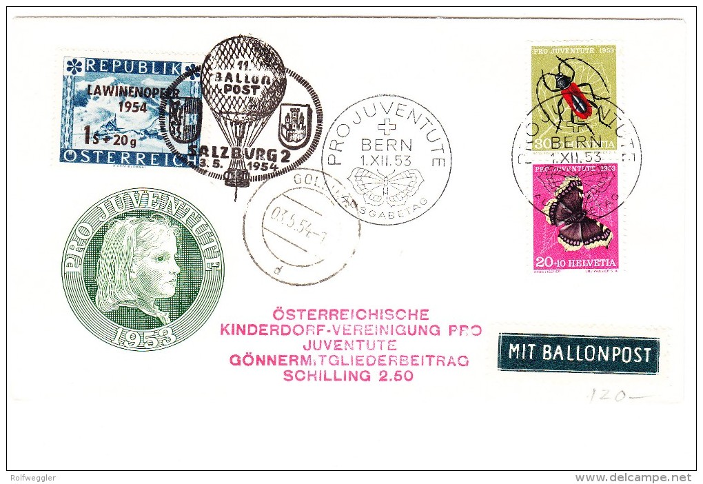 11 Ballon Post 3.5.1954 Salzburg Mit Lawinenopfer 1954 Marke Auf Pro Juventute 1953 Brief Mit Z41 Ersttag - Sonstige & Ohne Zuordnung