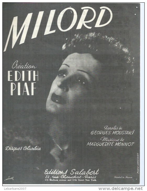 EDITH PIAF  - MILORD - éditions  SALABERT  ( PARTITION ) - Autres & Non Classés