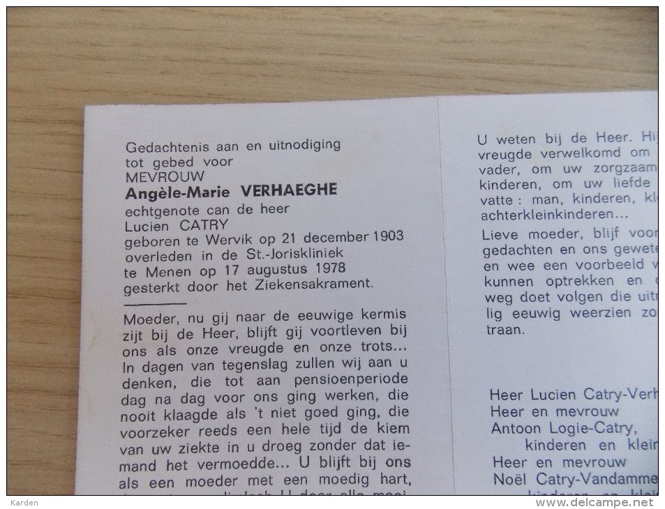 Doodsprentje Angèle Marie Verhaeghe Wervik 21/12/1903 Menen 17/8/1978 ( Lucien Catry ) - Religione & Esoterismo