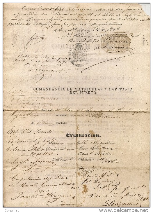 BREVET DE NAVIGATION - Xrare 1848 Buenos Aires à Montevideo - AUTORISATION FRANÇAIS (voir SCAN 2) Port De VERROUILLAGE - Documents Historiques