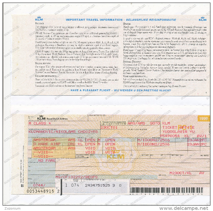 KLM Royal Dutch Air Lines Airwaya Passenger Ticket Used - Europa