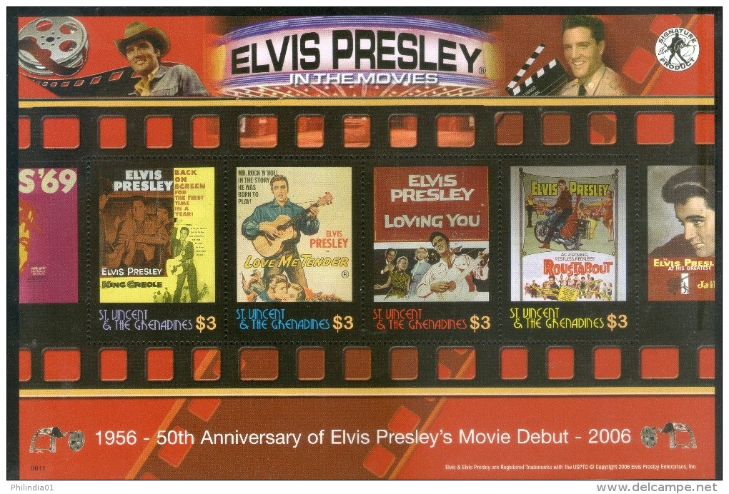 St. Vincent 2006 Elvis Presley Cinema Film Music Musical Instrument Singer  Sc 3514 Sheetlet MNH # 9051 - Cinema