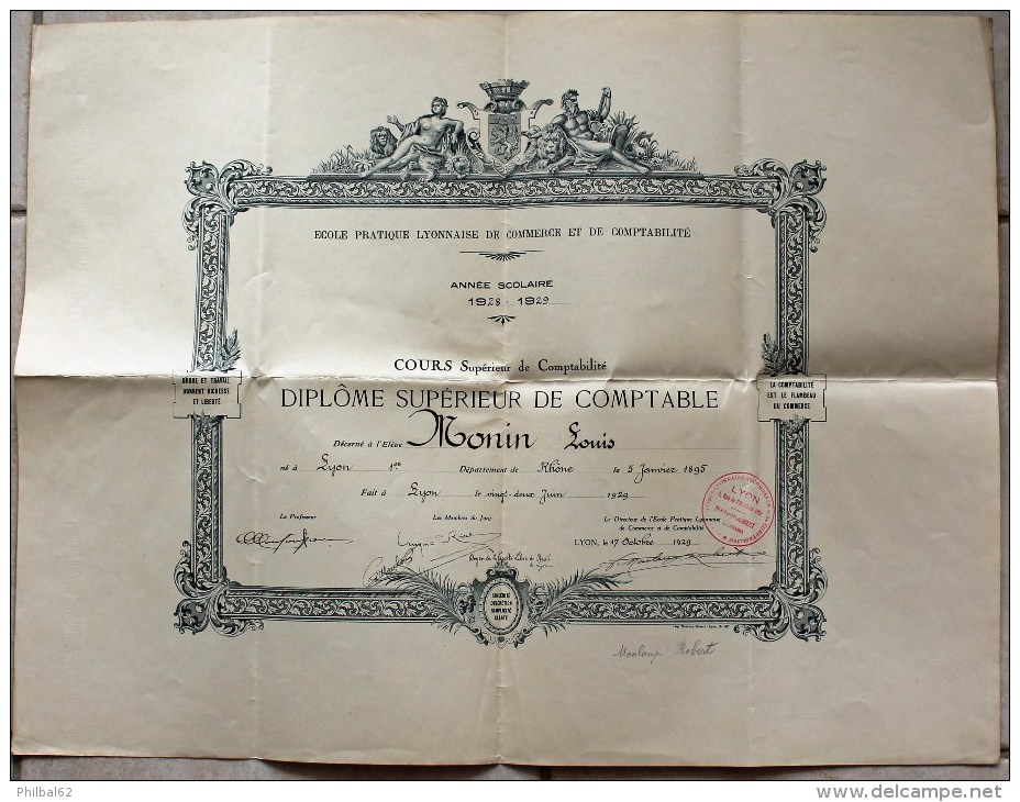 Diplôme Supérieur De Comptable Décerné à Lyon Le 22/06/1929. Faculté Libre De Droit De Lyon. - Diplome Und Schulzeugnisse