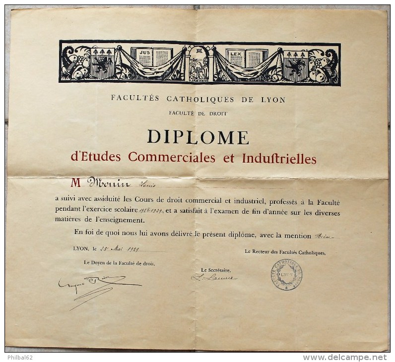 Diplôme D'Etudes Commerciales Et Industrielles Décerné Le 25/05/1929. Faculté Libre De Droit De Lyon. - Diplômes & Bulletins Scolaires