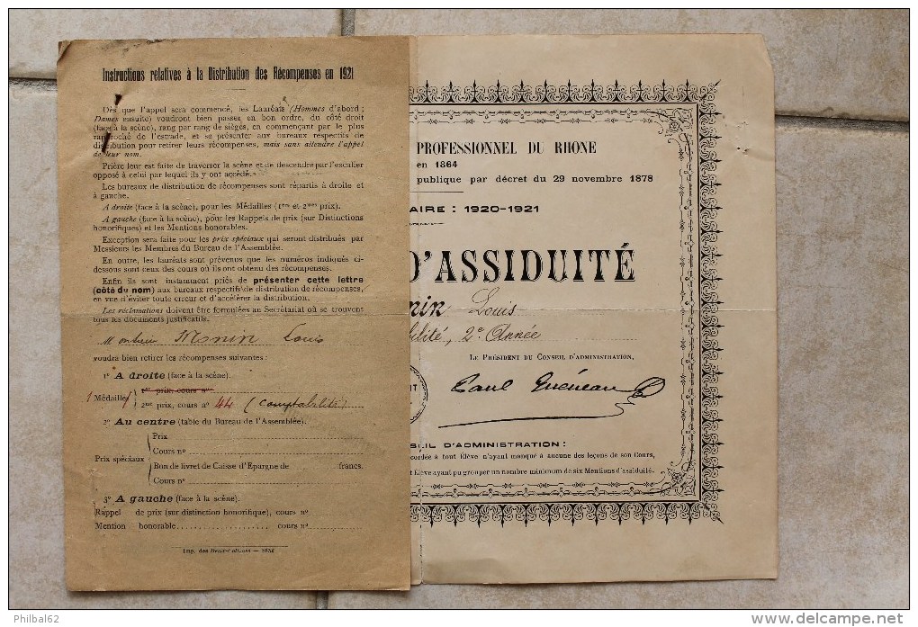 Société D'Enseignement Professionnel Du Rhône, Mention D'assiduité En Cours De Comptabilité. Année 1920/21. - Diplômes & Bulletins Scolaires