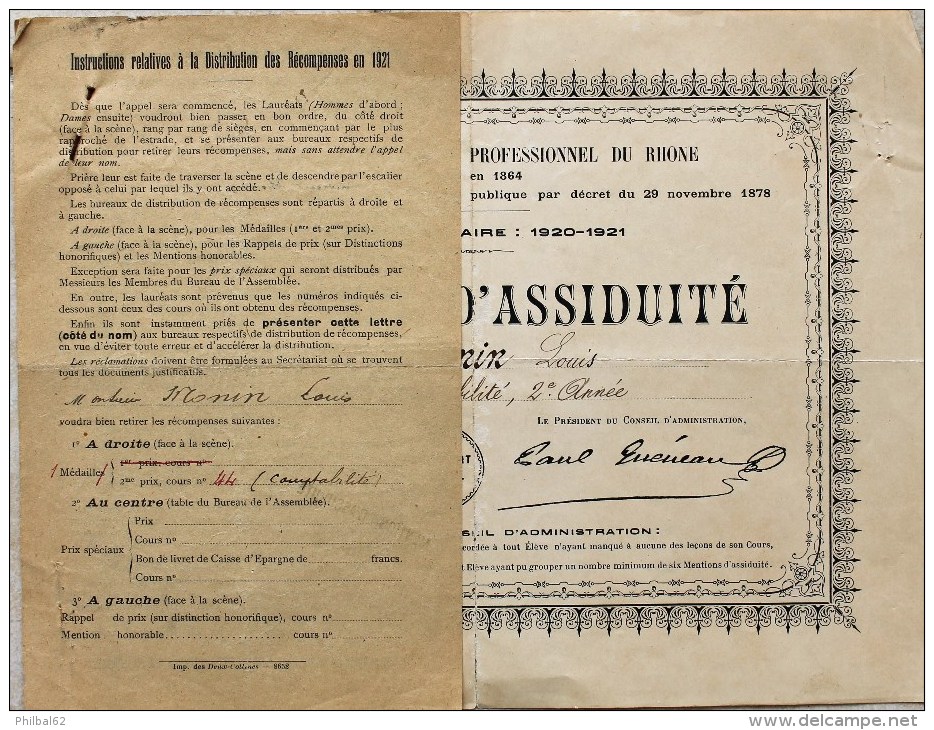 Société D'Enseignement Professionnel Du Rhône, Mention D'assiduité En Cours De Comptabilité. Année 1920/21. - Diplômes & Bulletins Scolaires