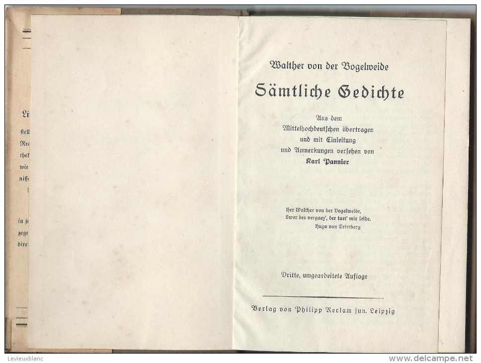 Poésie Allemande Du Moyen-Age/ Walther Von Der Vogelweide/Samtliche Qedichte/1925 LIV38 - Poésie & Essais