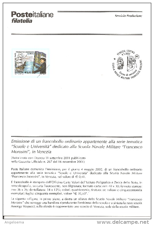 ITALIA - 2002 Bollettino Ufficiale Poste Italiane Emissione Francobollo Scuola Navale Morosini Di Venezia - Marittimi