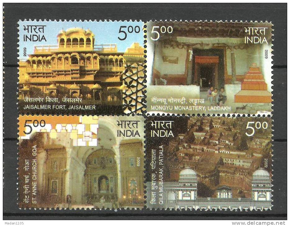 INDIA, 2009, Heritage Monuments Preservation By INTACH, Setenant Of 4, MNH,(**) - Ungebraucht