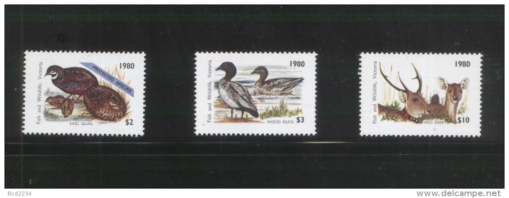 AUSTRALIA 1980 VICTORIA HUNTING TAX REVENUES SET OF 3 NHM BROWN QUAIL WOOD DUCK ROE DEER SCARCE - Steuermarken