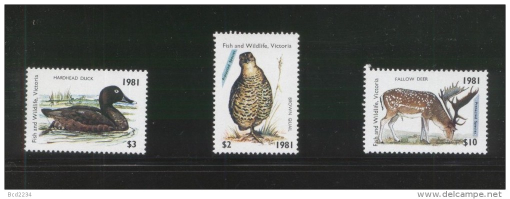 AUSTRALIA 1981 VICTORIA HUNTING TAX REVENUES SET OF 3 NHM BROWN QUAILHARDHEAD DUCK FALLOW DEER SCARCE - Revenue Stamps
