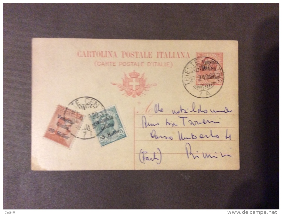 1920 VENEZIA GIULIA INTERO POSTALE  CON AGGIUNTA DA TRIESTE CENTRO 7 A  PER RIMINI - Marcophilie