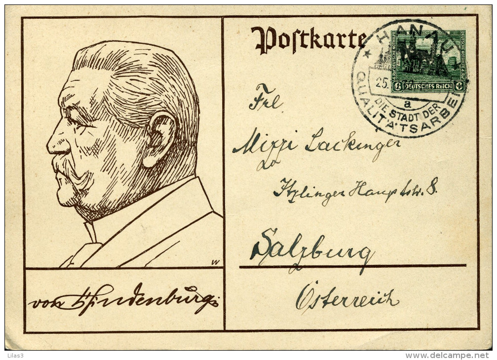 Entier Postal 6 Vert Illustré Hindenburg 25/10/32 HANAU Die Stadt Der Qualit'a'sarbiet Pour Salzburg - Covers & Documents