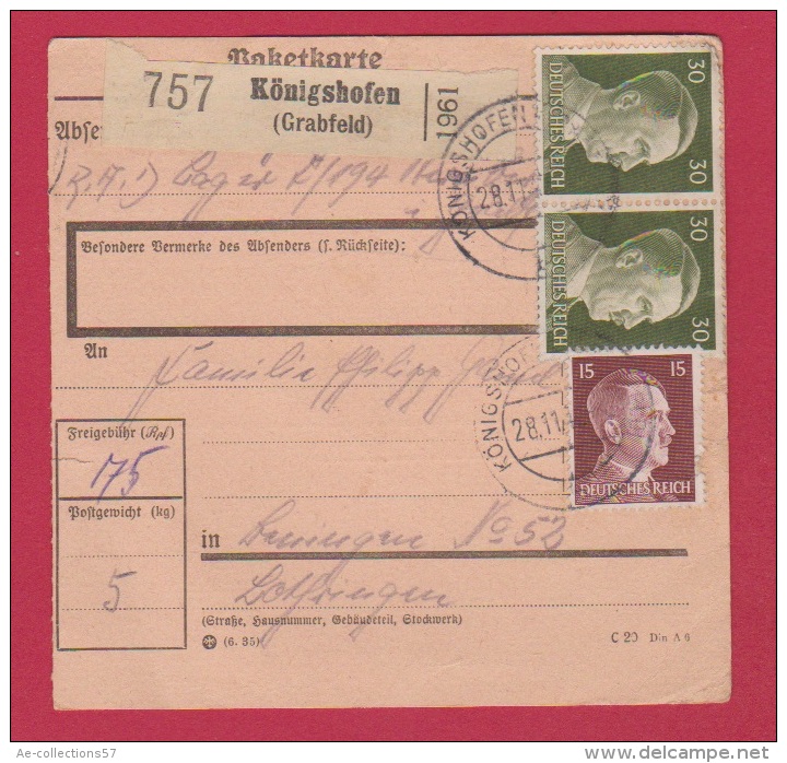 Allemagne  //  Colis Postal  //   De Konigshofen  //    Pour Beningen      //  28/11/42 - Lettres & Documents