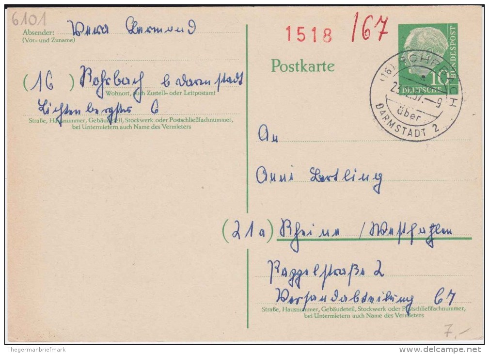 Bund Heuss P 31 PSt I Stempel Rohrbach ü Darmstadt 1957 - Postkaarten - Gebruikt