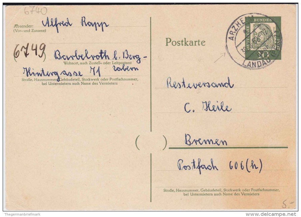Bund Bed Deutsche P 60 PSt I Stempel Arzheim ü Landau / Pfalz 1962 - Postcards - Used
