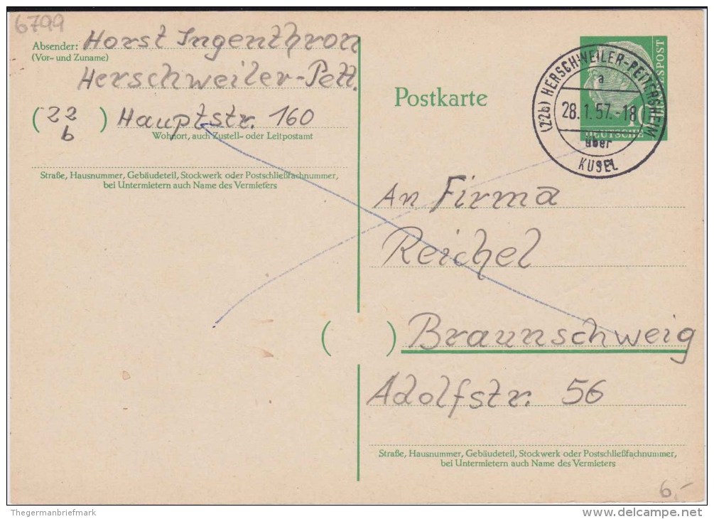 Bund Heuss P 31 PSt I Stempel Herschweiler-Pettersheim ü Kusel 1957 - Cartes Postales - Oblitérées