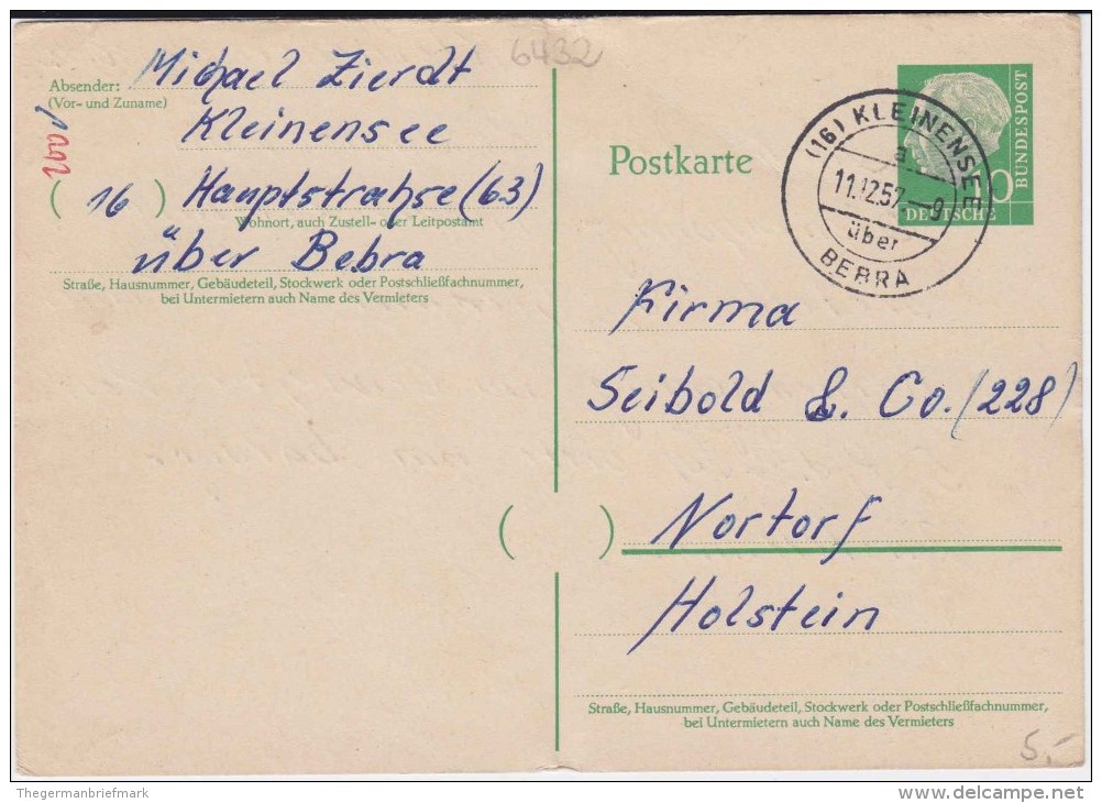 Bund Heuss P 31 PSt I Stempel Kleinensee ü Bebra 1957 - Postcards - Used