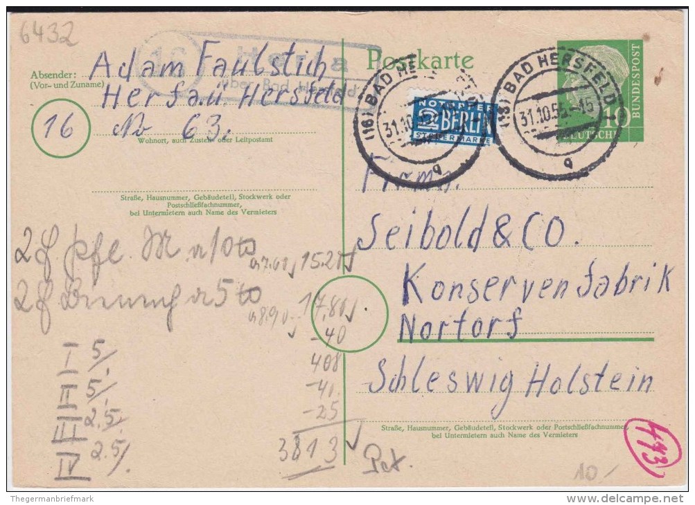 Bund Heuss P 26 Landpost Stempel Herfa ü Bad Hersfeld 1955 - Postcards - Used