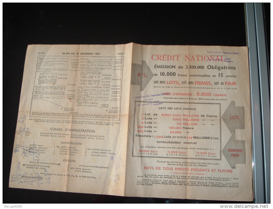 ACTIONS & TITRE  émetteur  Pub Crédit National  1959 émission De 2500000 Obligations  2 Scans - P - R