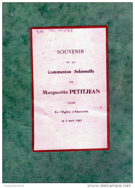 Communion Solennelle Marguerite Petitjean église D´Abainville (55 -Meuse) Le 3 Avril 1921 Les Anges Et La Ste Communion - Images Religieuses