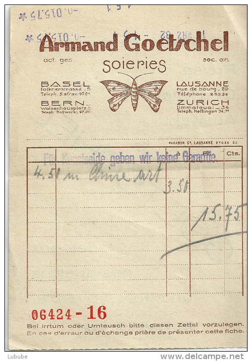 Rechnung  "Armand Goetschel, Soieries, Lausanne"  (Schmetterling)        1932 - Switzerland