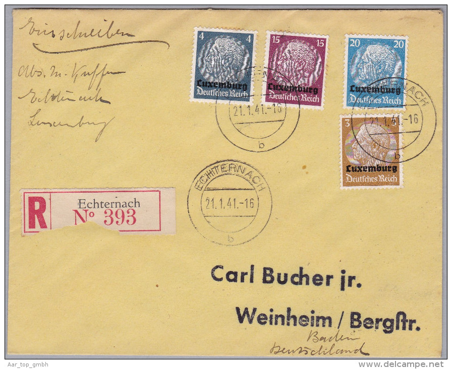 Luxemburg Deutsche Besatzung 1941-1-21 ECHTERNACH R-Brief Nach Weinheim - 1940-1944 Duitse Bezetting