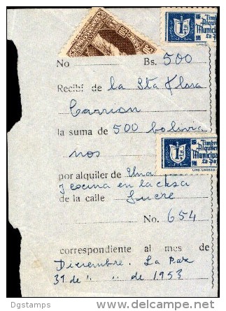 Bolivia 1953 LA PAZ.  Mitad De Recibo De Alquiler. Mitad H&A #84, 2x Mitad Timbre Municipal  TYPE H&A WG1. - Bolivia