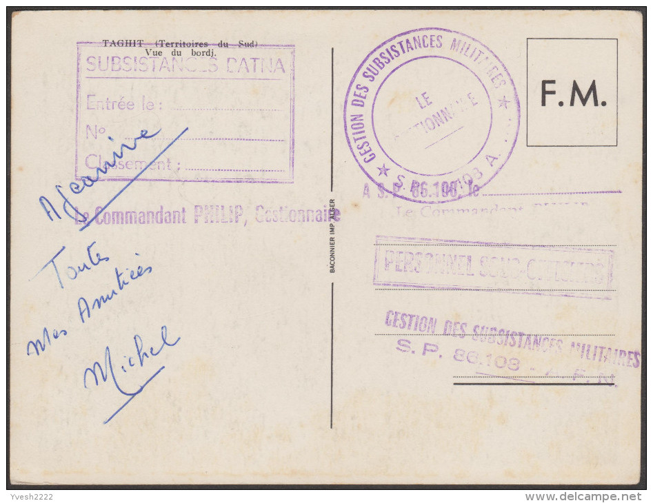 Algérie 1957. Carte FM Utilisée. Taghit (Territoires Du Sud, Vue Du Bordj). Palmiers Dans Le Désert - Arbres