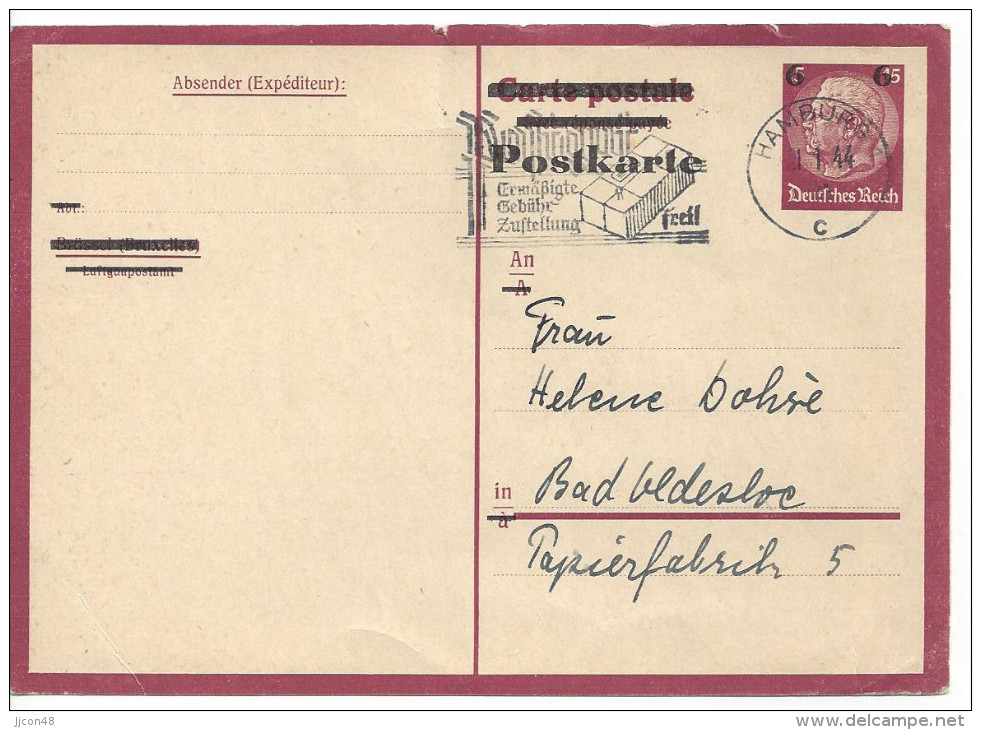 Germany 1943  Postkarte  6 Auf 15pf  (o) Mi. P 244b A (Hamburg 21.1.44) - Other & Unclassified