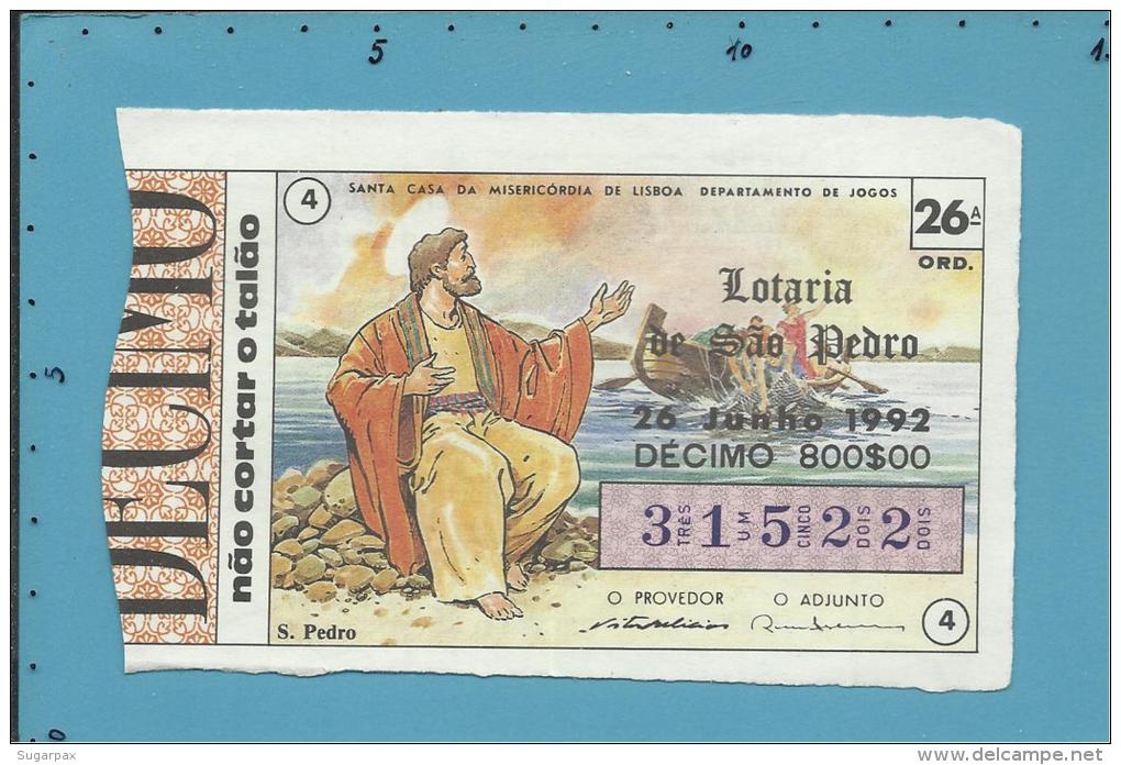 LOTARIA NACIONAL - 26.ª ORD. - 26.06.1992 - SÃO PEDRO - PESCADOR - Portugal - 2 Scans E Description - Lottery Tickets