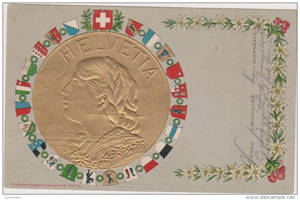 SUISSE,SWITZERLAND,SCHWEI Z,SVIZZERA,HELVETIA,CARTE POSTALE ANCIENNE,1906,piece D´or En Relief,symbole,liberté,pa   Trie - Bôle