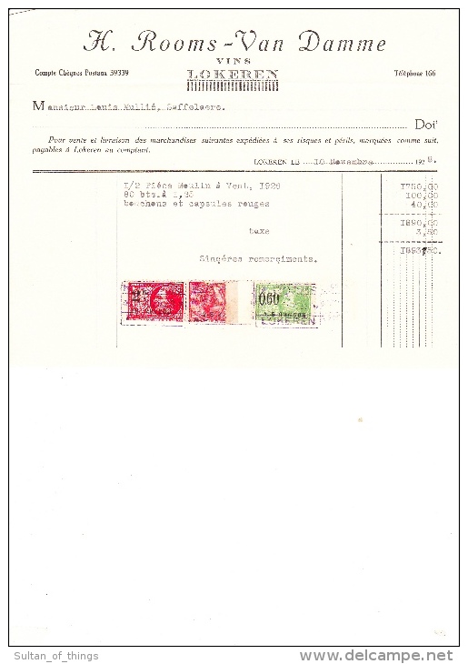 1928 Facture Lettre Invoice Rooms Van Damme Vins Lokeren Cru Du Roy Timbres Taxe - 1900 – 1949