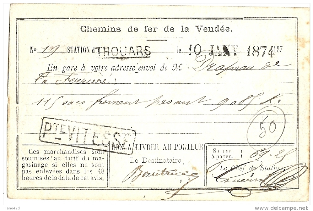 LCHA7B- FRANCE CPO PRIVEE DES CHEMINS DE FER DE VENDEE THOUARS / MONTREUIL BELLAY  10/1/1874 - Precursor Cards