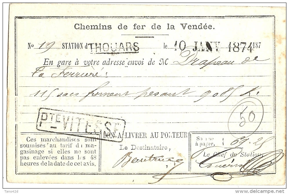 LCHA7B- FRANCE CPO PRIVEE DES CHEMINS DE FER DE VENDEE THOUARS / MONTREUIL BELLAY  10/1/1874 - Cartes Précurseurs