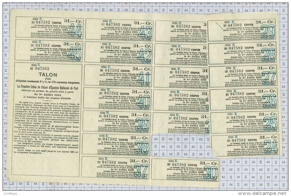 Caisse Nationale De Pest, Seulement La Feuille De Coupons - Banque & Assurance