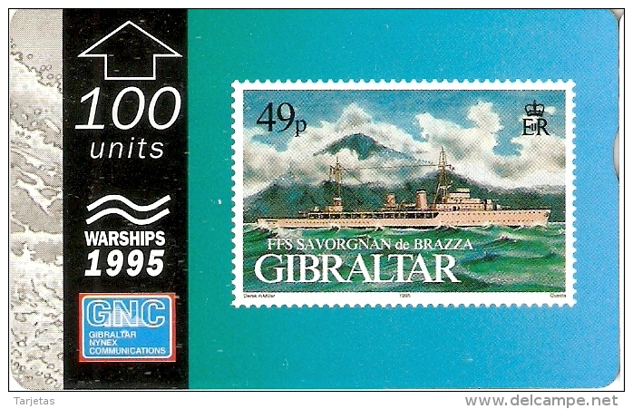 Nº39 TARJETA DE GIBRALTAR DE UN SELLO CON UN BARCO FLL SAVORGNAN DE BRAZZA (STAMP-SHIP) - Gibilterra