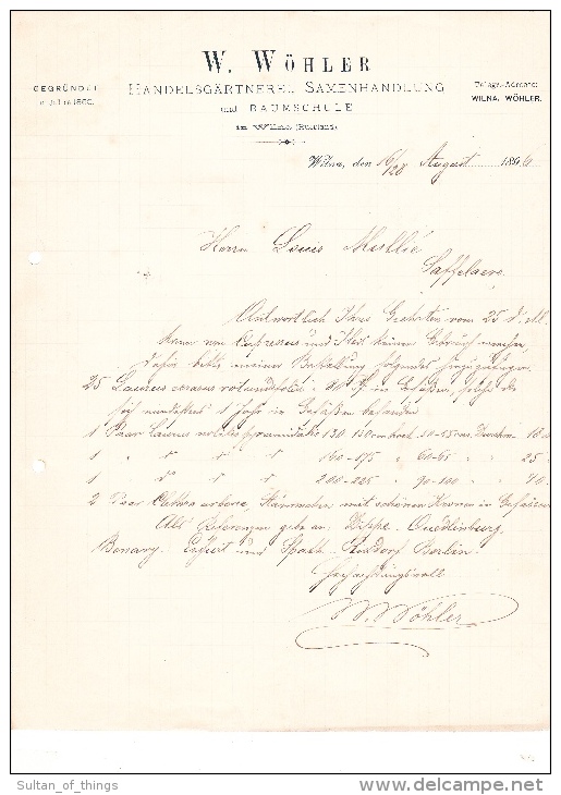 1896 Facture Lettre Invoice Horticulteur Baumschule Wohler Wilna Russia Russland - Autres & Non Classés