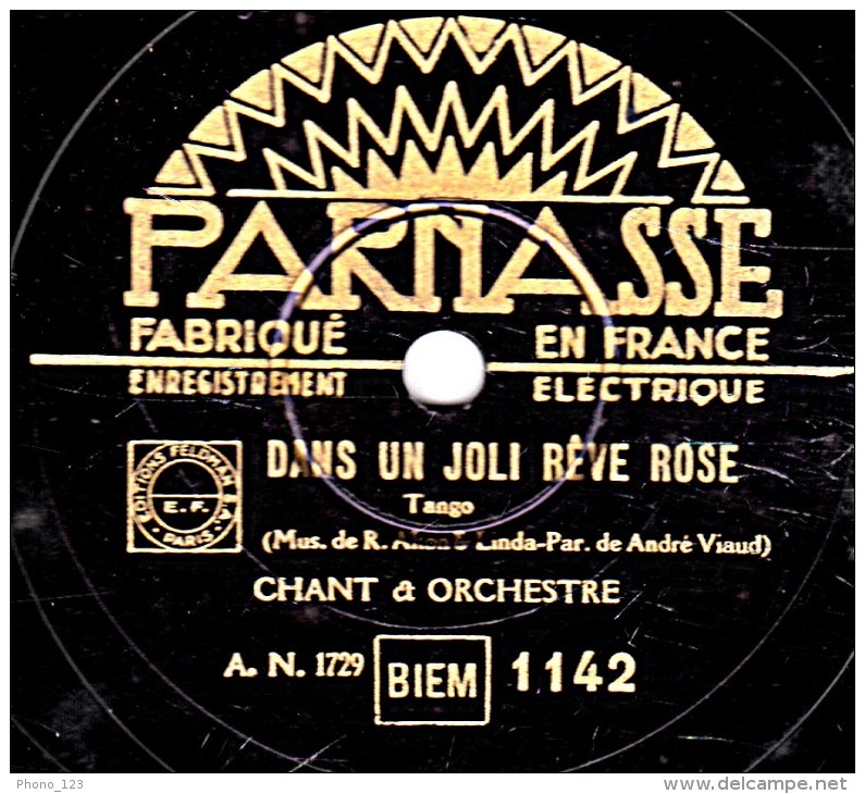 78 Trs - 25 Cm - état EX - PARNASSE 1142 - CHANT Homme Et ORCHESTRE - LAISSEZ-MOI VOUS AIMER - DANS UN JOLI RÊVE ROSE - 78 Rpm - Schellackplatten