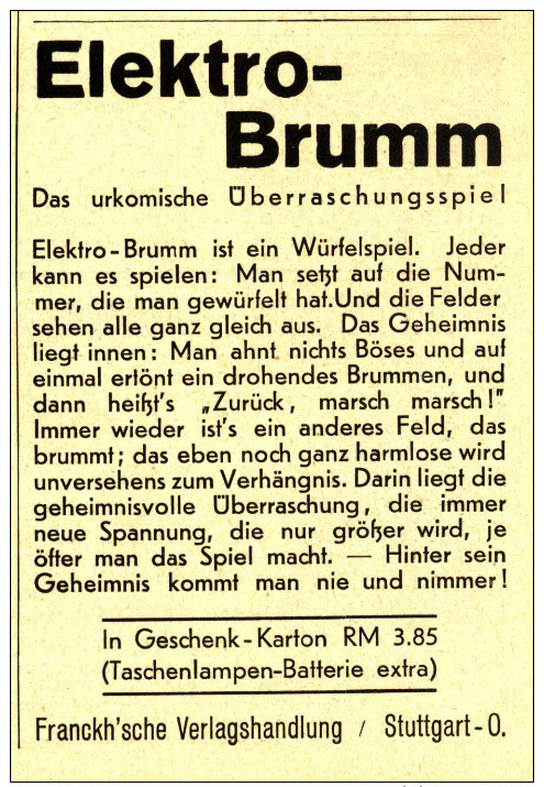 Original-Werbung/Inserat/ Anzeige 1932 - WÜRFELSPIEL ELEKTRO-BRUMM - Ca. 70 X 100 Mm - Werbung