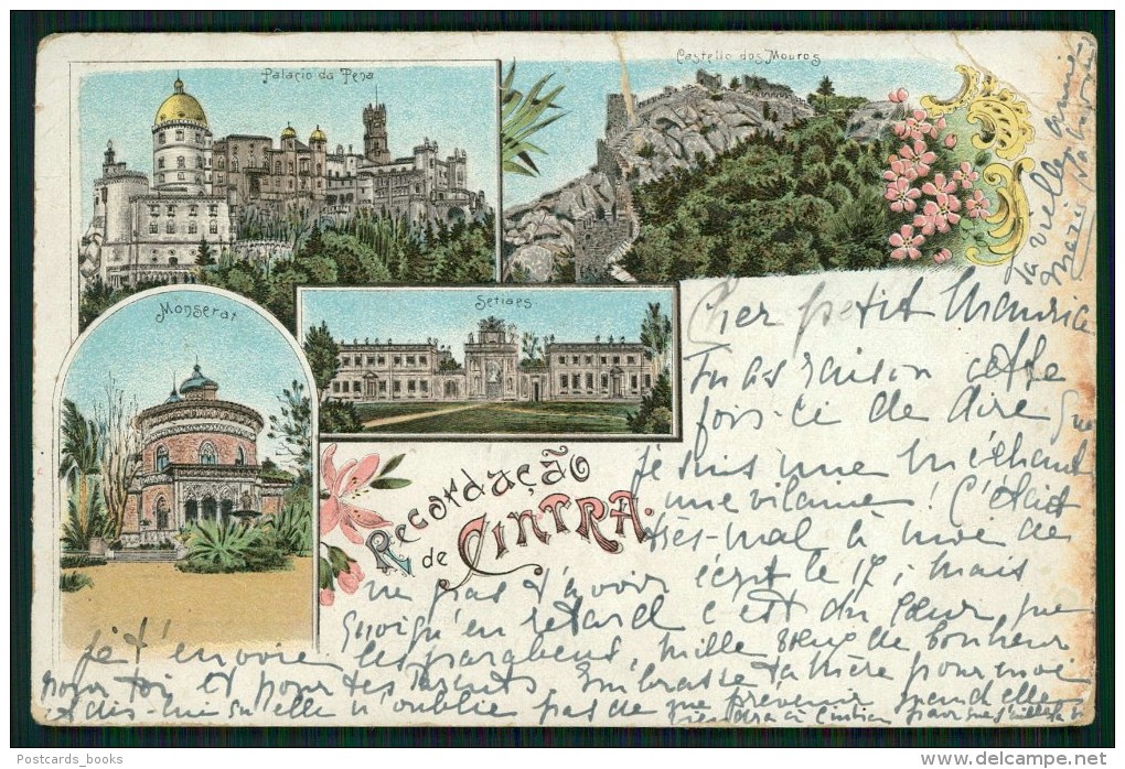 1898 Postal Tipo Gruss RECORDAÇAO De CINTRA (Sintra C/Monserrate, Seteais, Etc) PORTUGAL Old Litho Postcard - Lisboa